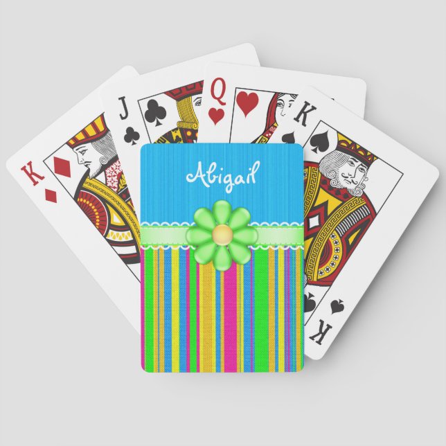 Personalized Colourful Cute Blue with Green Flower Playing Cards (Back)