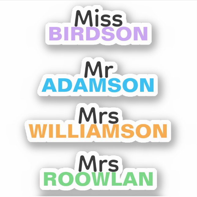 Personalized Colourful Decal Teacher Name Stickers (Front)