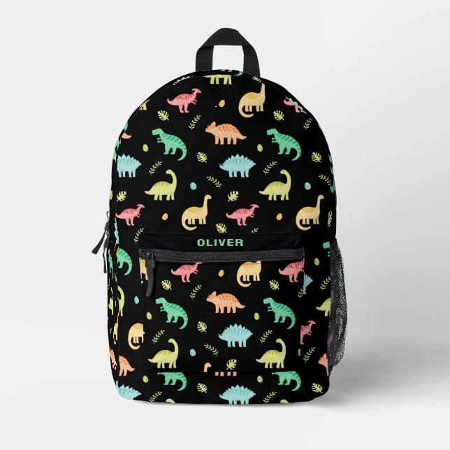 Personalized Colourful Dinosaur Dino Pattern Black Printed Backpack (Front)