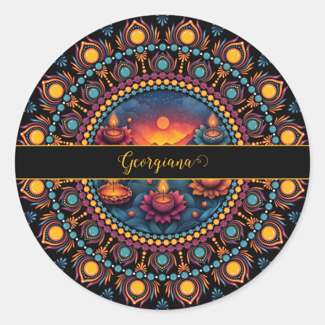 Personalized Colourful Diwali Festival Mandala Classic Round Sticker (Front)