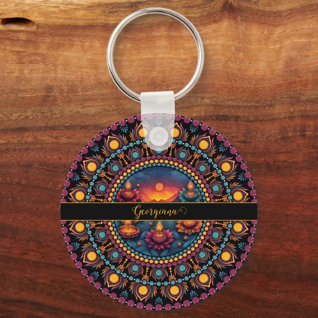 Personalized Colourful Diwali Festival Mandala Keychain (Front)