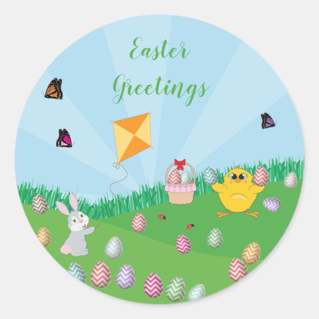 Personalized Colourful Easter Egg Hunt Bunny Chick Classic Round Sticker (Front)