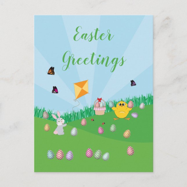 Personalized Colourful Easter Egg Hunt Bunny Chick Holiday Postcard (Front)