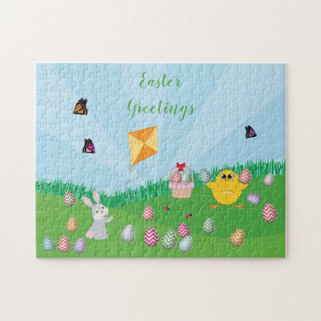 Personalized Colourful Easter Egg Hunt Bunny Chick Jigsaw Puzzle (Horizontal)
