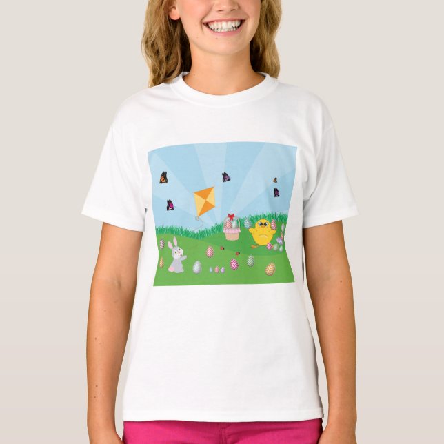 Personalized Colourful Easter Egg Hunt Bunny Chick T-Shirt (Front)