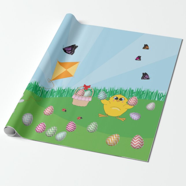 Personalized Colourful Easter Egg Hunt Bunny Chick Wrapping Paper (Unrolled)