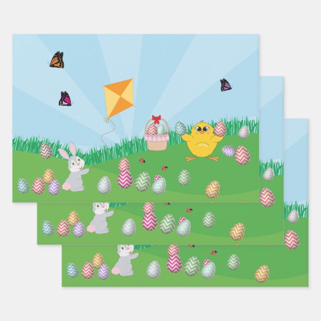 Personalized Colourful Easter Egg Hunt Bunny Chick Wrapping Paper Sheet (Set)