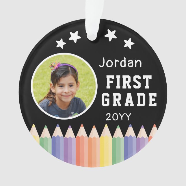 Personalized Colourful First Grade Keepsake Photo Ornament (Front)