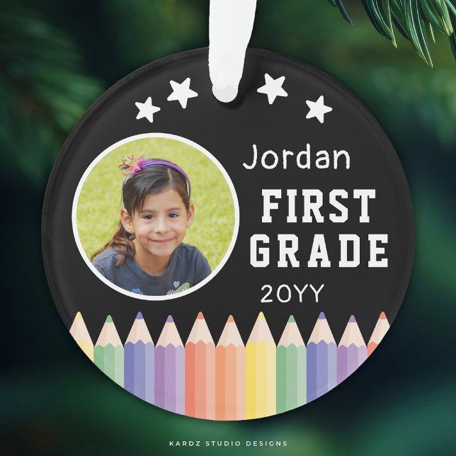 Personalized Colourful First Grade Keepsake Photo Ornament (Add your kid's photo, name, grade, and year. The design repeats on the front and back.)