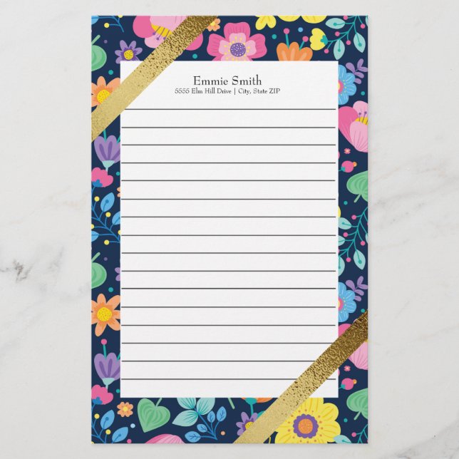 Personalized Colourful Floral and Gold Stationery (Front)