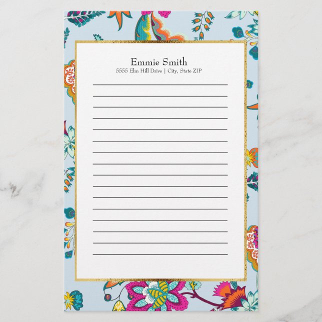 Personalized Colourful Floral Chintz on Light Blue Stationery (Front)