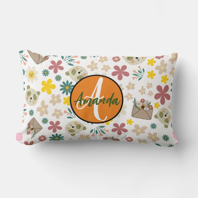 Personalized colourful floral nursery girly pink lumbar pillow (Front)