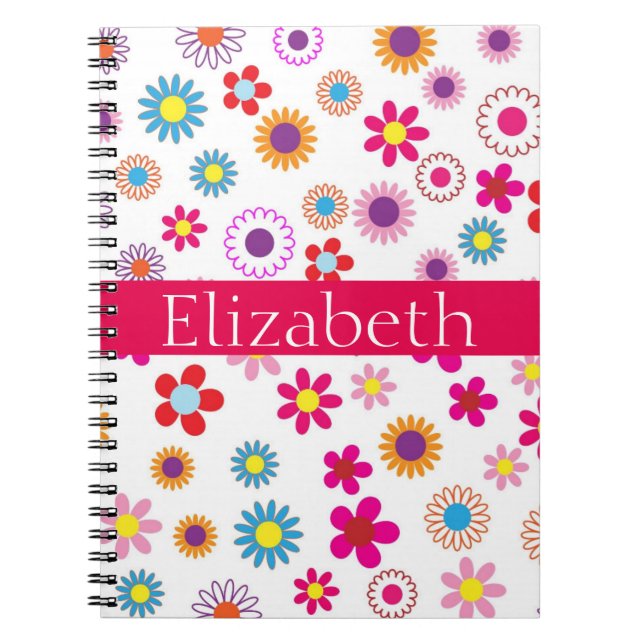 Personalized Colourful Floral Pattern Pink White Notebook (Front)