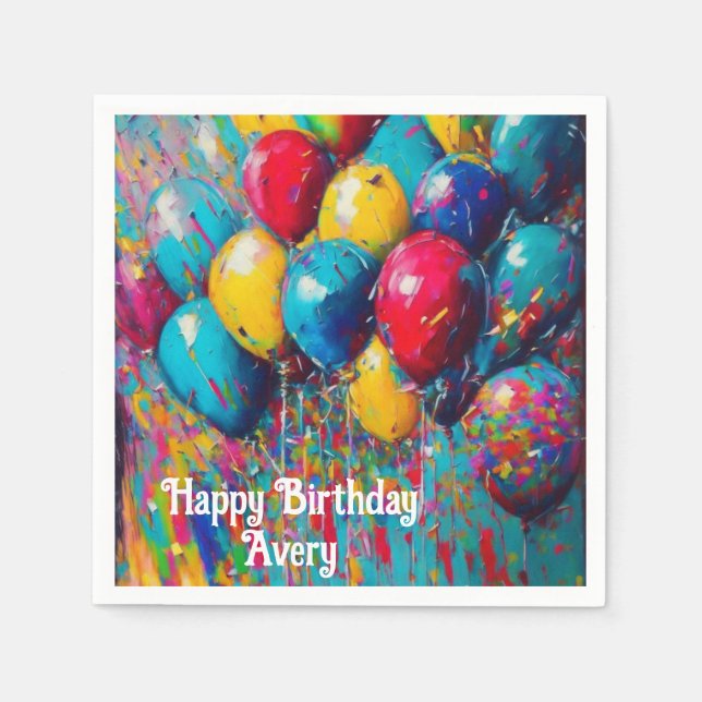 Personalized Colourful Fun Birthday Balloons Cake Napkin (Front)