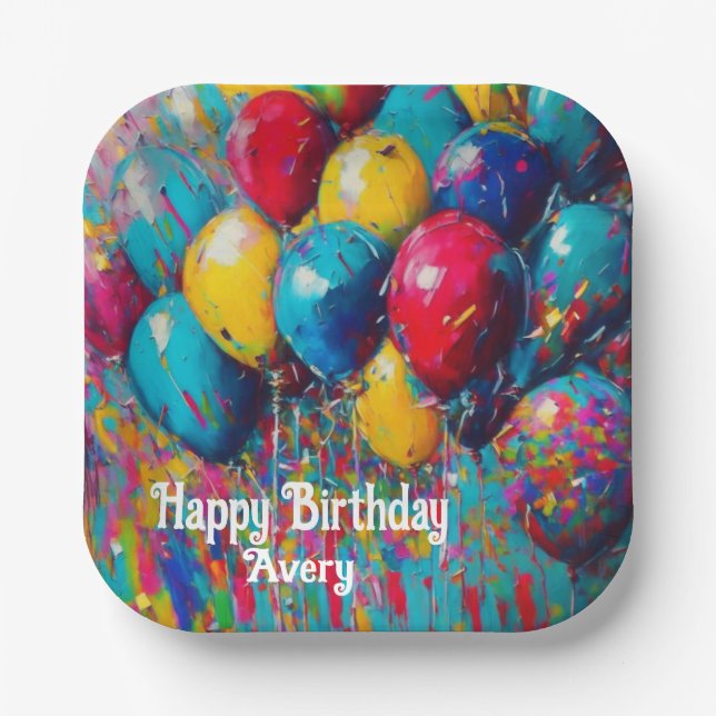 Personalized Colourful Fun Birthday Balloons Cake Paper Plate (Front)