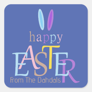 Personalized Colourful Fun Happy Easter Bunny Blue Square Sticker
