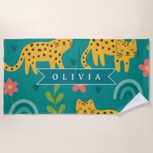 Personalized Colourful Fun Leopard Jungle Name Gif Beach Towel