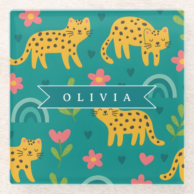 Personalized Colourful Fun Leopard Jungle Name Gif Glass Coaster (Front)
