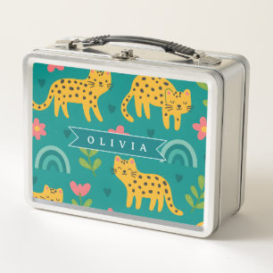 Personalized Colourful Fun Leopard Jungle Name Gif Metal Lunch Box