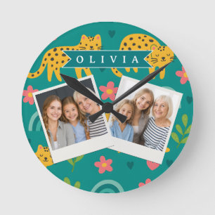 Personalized Colourful Fun Leopard Jungle Name Gif Round Clock