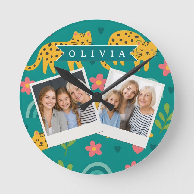 Personalized Colourful Fun Leopard Jungle Name Gif Round Clock (Front)