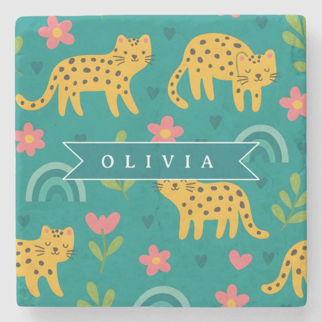 Personalized Colourful Fun Leopard Jungle Name Gif Stone Coaster (Front)