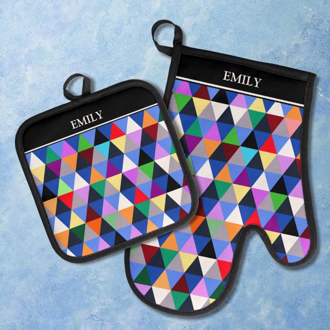 Personalized Colourful Geometric Pattern Oven Mitt & Pot Holder Set (Creator Uploaded)