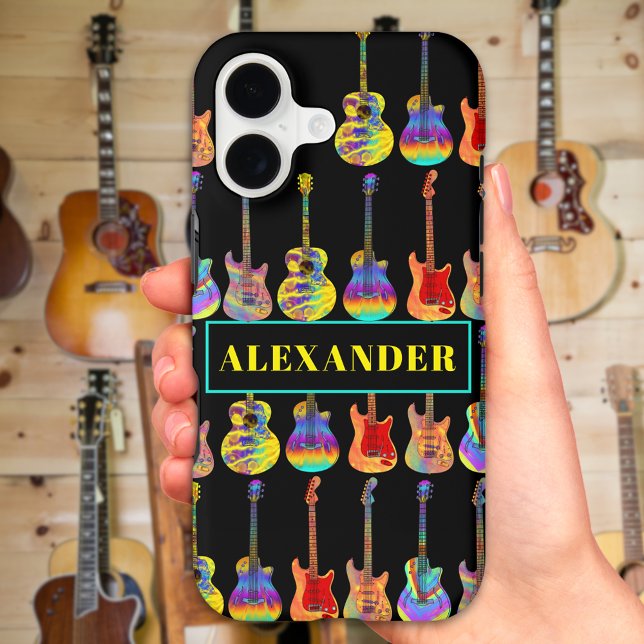 Personalized Colourful Guitars on Black (Personalized Colorful guitar monogram name phone case Psychedelic pop art acoustic electric guitars)