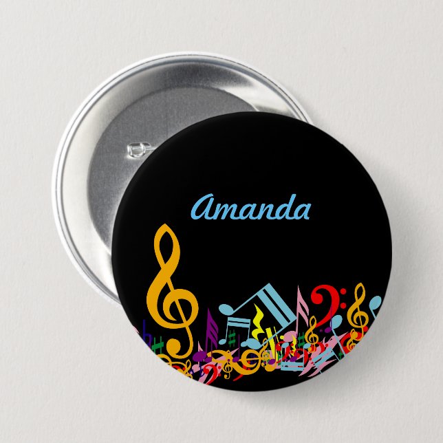 Personalized Colourful Jumbled Music Notes on Blac 3 Inch Round Button (Front & Back)