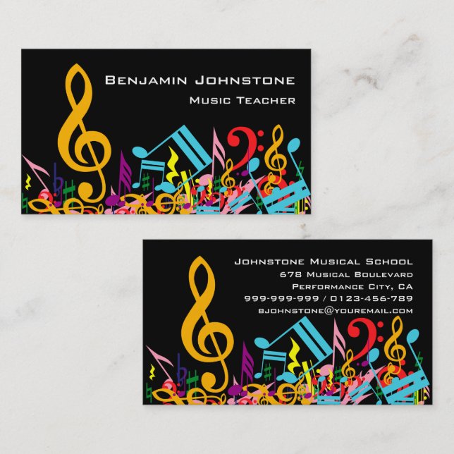 Personalized Colourful Jumbled Music Notes on Blac Business Card (Front/Back)