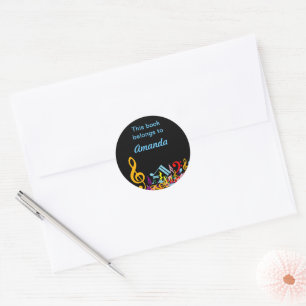 Personalized Colourful Jumbled Music Notes on Blac Classic Round Sticker