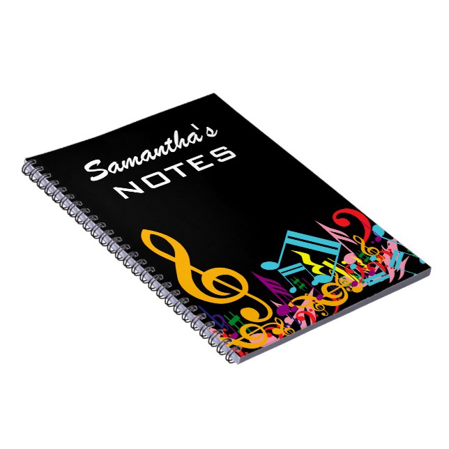 Personalized Colourful Jumbled Music Notes on Blac Notebook (Right Side)