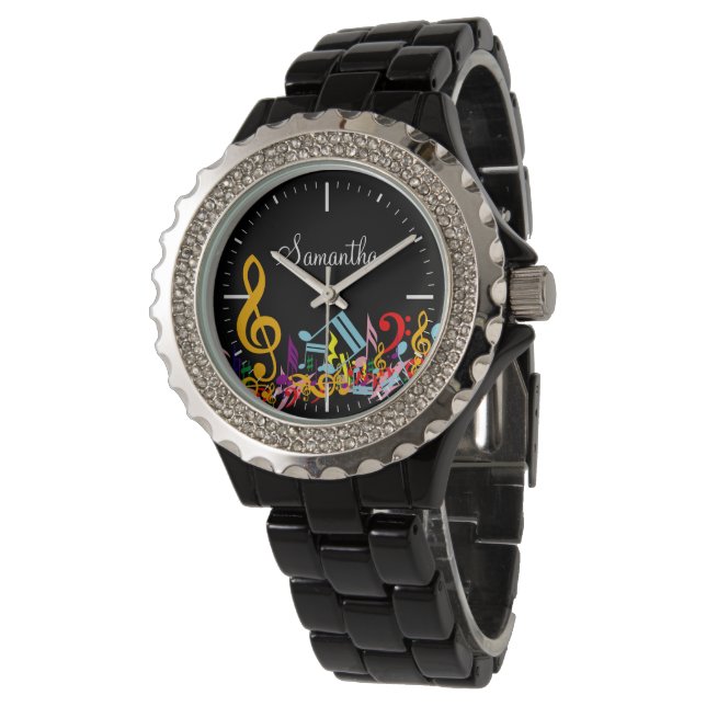 Personalized Colourful Jumbled Music Notes on Blac Watch (Angled)