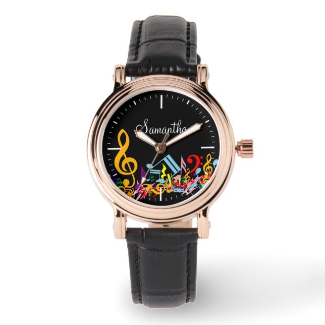 Personalized Colourful Jumbled Music Notes on Blac Watch (Front)