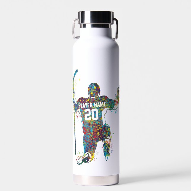 Personalized colourful Man/Boy hockey player Water Bottle (Front)