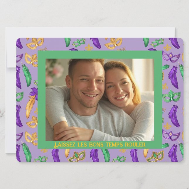 personalized Colourful Mardi Gras patterned Holiday Card (Front)