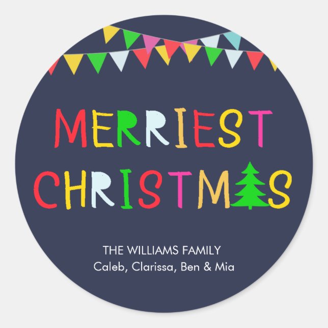 Personalized Colourful Merriest Christmas Navy Classic Round Sticker (Front)