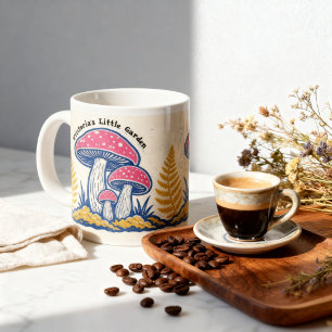 Personalized Colourful Mushroom Folk Art Linocut  Large Coffee Mug