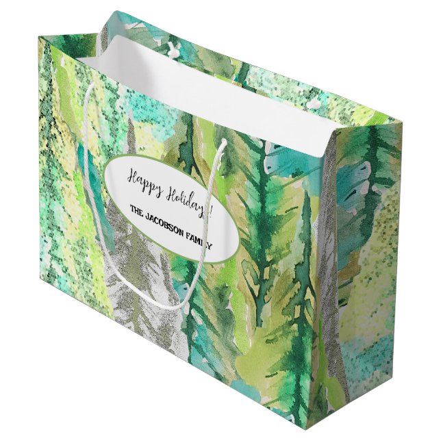 Personalized Colourful Pine Tree Watercolour Large Gift Bag (Front Angled)