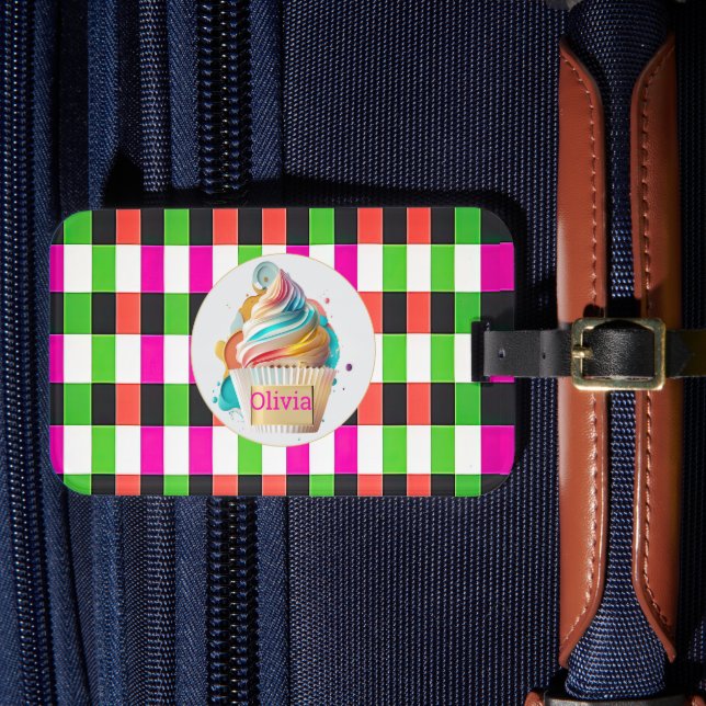 Personalized Colourful Plaid Custom Cupcake Design Luggage Tag (Front Insitu 4)
