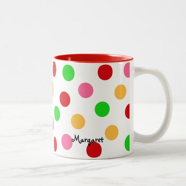 Personalized Colourful Polka Dot Pattern Two-Tone Coffee Mug (Right)
