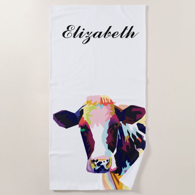 Personalized Colourful Pop Art Cow Beach Towel (Front)