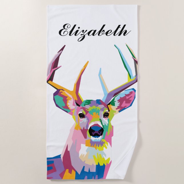 Personalized Colourful Pop Art Deer Beach Towel (Front)