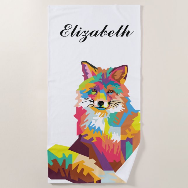 Personalized Colourful Pop Art Fox Beach Towel (Front)