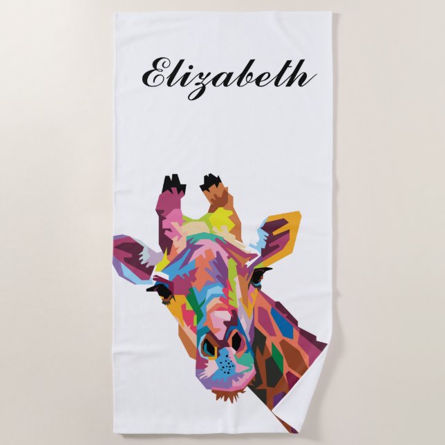 Personalized Colourful Pop Art Giraffe Beach Towel (Front)