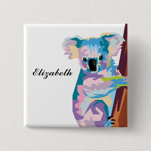 Personalized Colourful Pop Art Koala 2 Inch Square Button (Front)