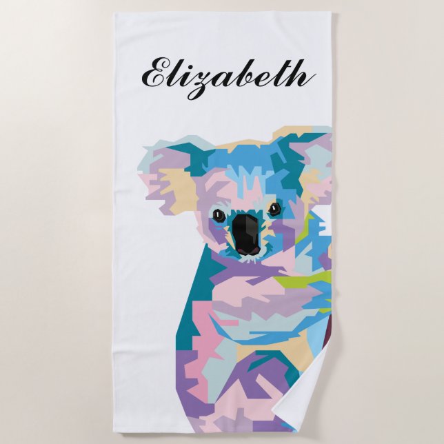 Personalized Colourful Pop Art Koala Beach Towel (Front)
