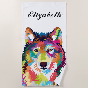 Personalized Colourful Pop Art Wolf Beach Towel