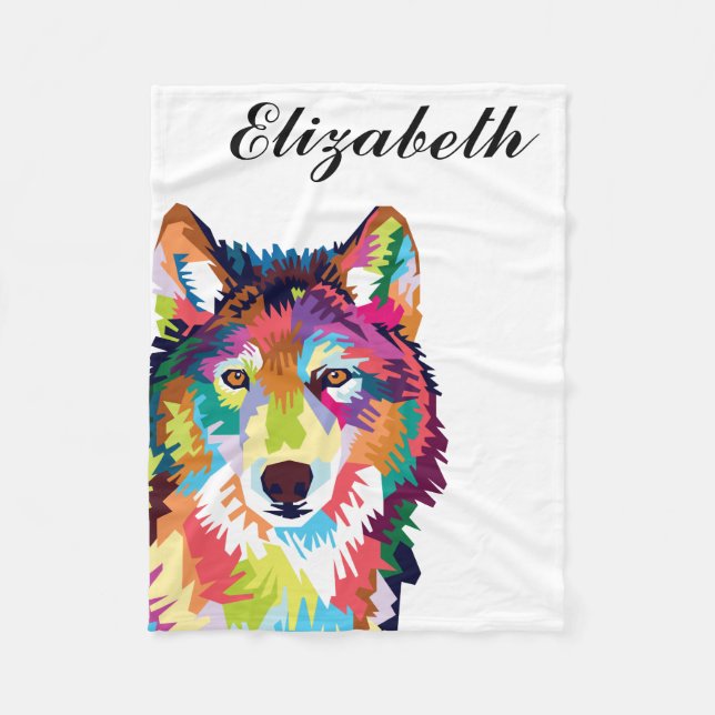 Personalized Colourful Pop Art Wolf Fleece Blanket (Front)