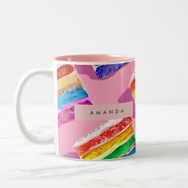 Personalized Colourful Rainbow Cake Slice Two-Tone Coffee Mug (Left)